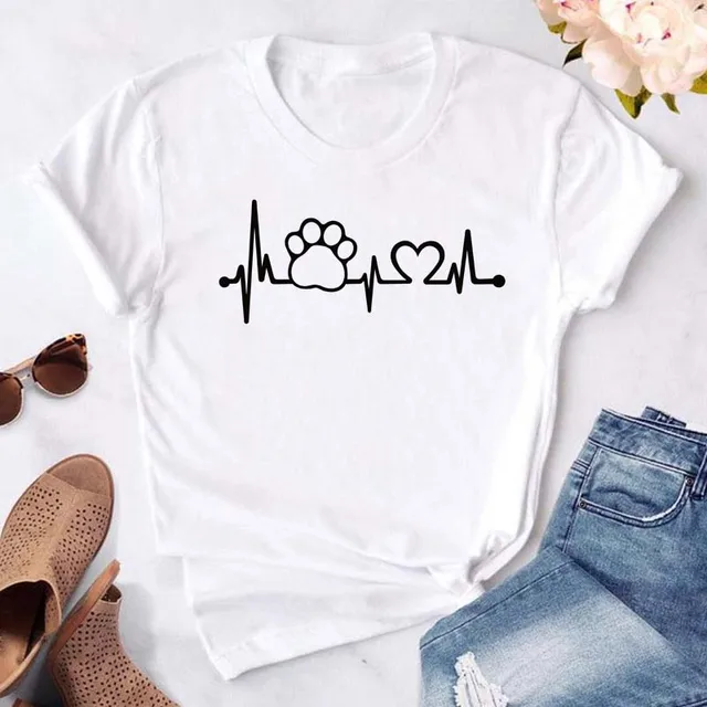 Vente chaude Femmes Chiens Pattes Amour Coeur Imprimé T-shirts Mode Été À Manches Courtes Dame Femmes Vêtements Hauts T-Shirt Chemise Noire_voghion.com