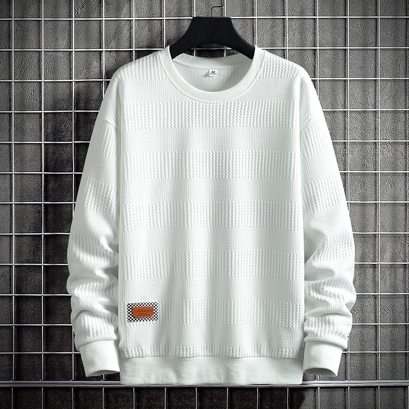 Men's hoodie spring and autumn Korean version new trend solid color jacquard fabric top casual youth round neck hoodie_voghion.com