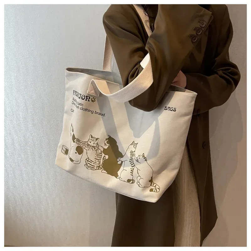 Große Tragetasche für Damen zum Einkaufen, Aufbewahren, Pendeln, Canvas-Handtasche, Cartoon-Katzen-Aufdruck, tragbare_voghion.com