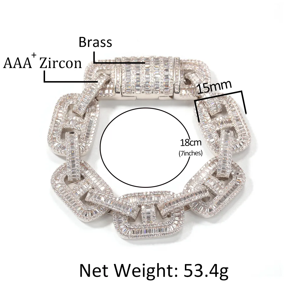 New Fashion Baguette CZ Bracelets 15mm Miami Cuban Link chain Mens Bangles Iced Out Gold Sier Color Box Clasp Hip Hop_voghion.com
