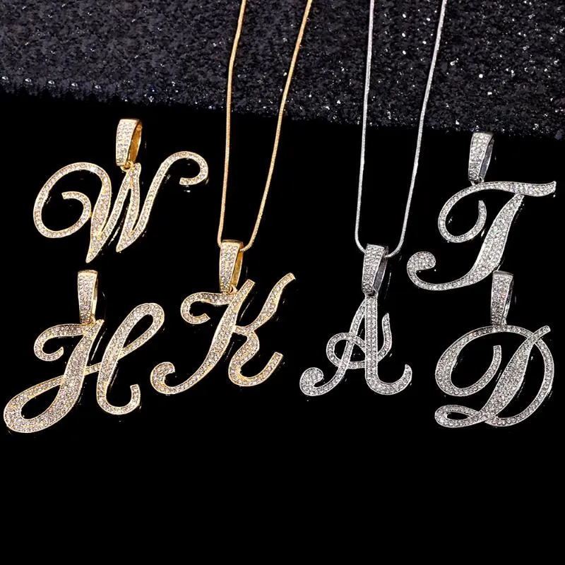 Ketten Bling Iced Out Gepflasterte Strass Kursivbuchstaben Anhänger Halskette Für Frauen Mode A-Z Initial Seil Kette_voghion.com
