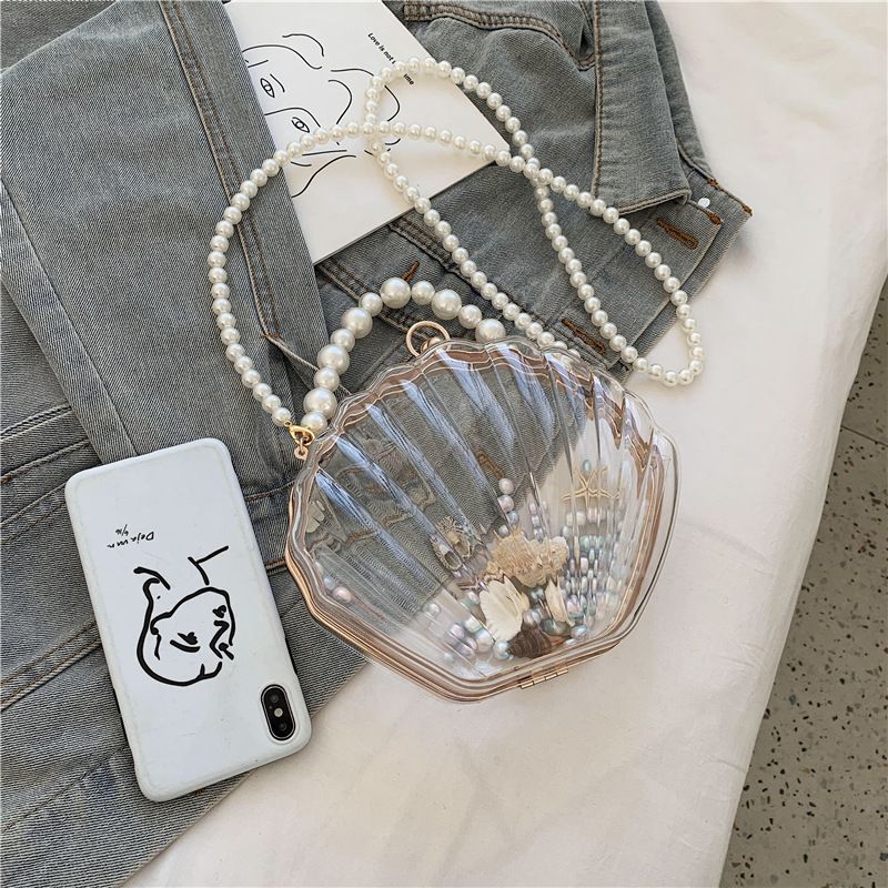 Abendtaschen für Damen 2023 Neue trasparente Muscheltasche Clutch Box Handtaschen Perlenkette Umhängetasche Acryl_voghion.com