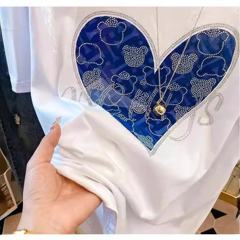 Women's Clothing Heavy Industry Hot Diamond Pure Cotton Short-sleeved T-shirt Women's Summer Loose Design Niche Age-reducing Half-sleeved Top