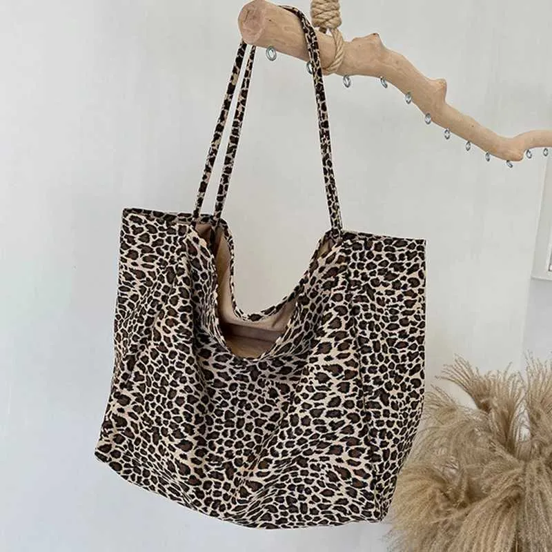 Fashion Womens Shopping Handbag Leopard Pattern Crossbody Large Capacity Shoulder Bag Simple Canvas Female BagsC241104_voghion.com