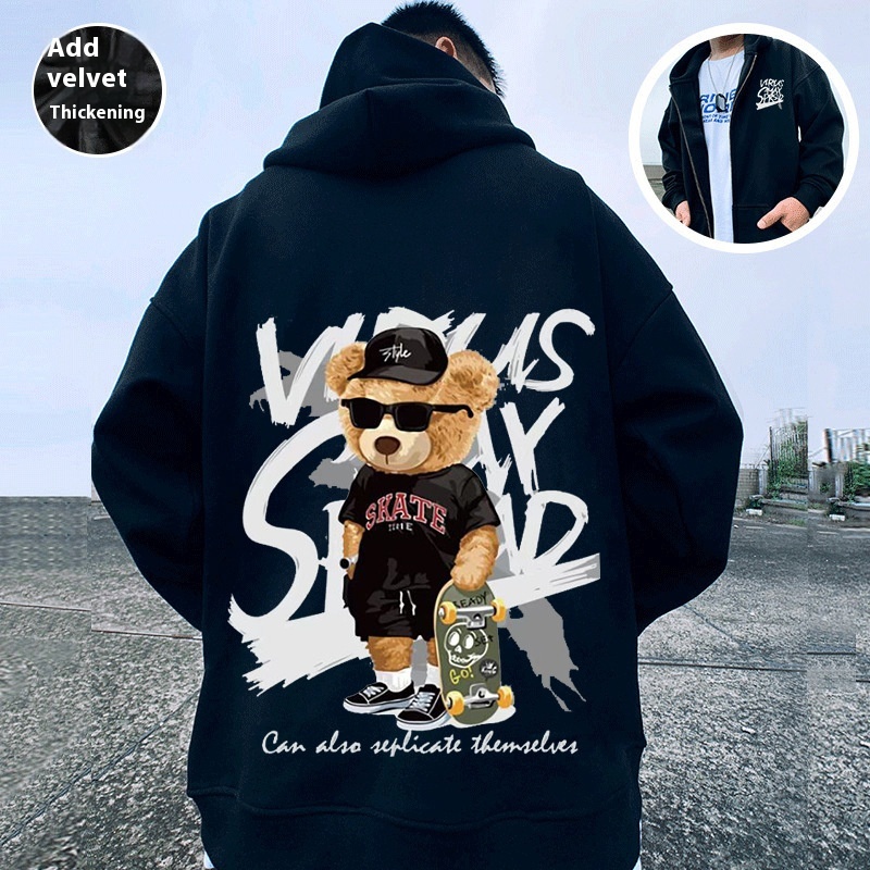 New trendy zippered teddy bear jacket boys, loose and plush oversized hoodie, hooded cardigan for couples_voghion.com