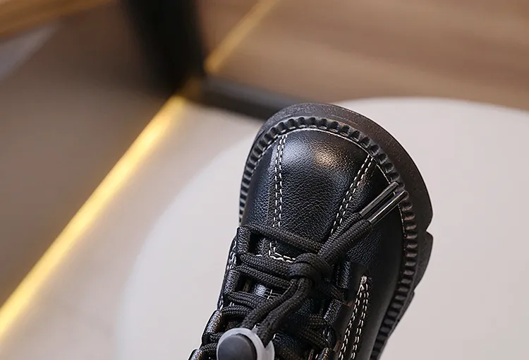 Botas cortas impermeables de cuero Happysteps para niños, zapatos de algodón cálidos y gruesos de felpa para la nieve, de invierno, a la moda, de cuero para niños pequeños_voghion.com