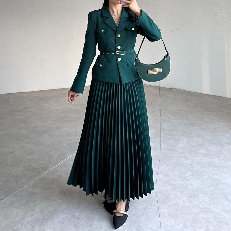Ensemble de costume à col en V et jupe plissée pour femme, nouvelle collection de mode française