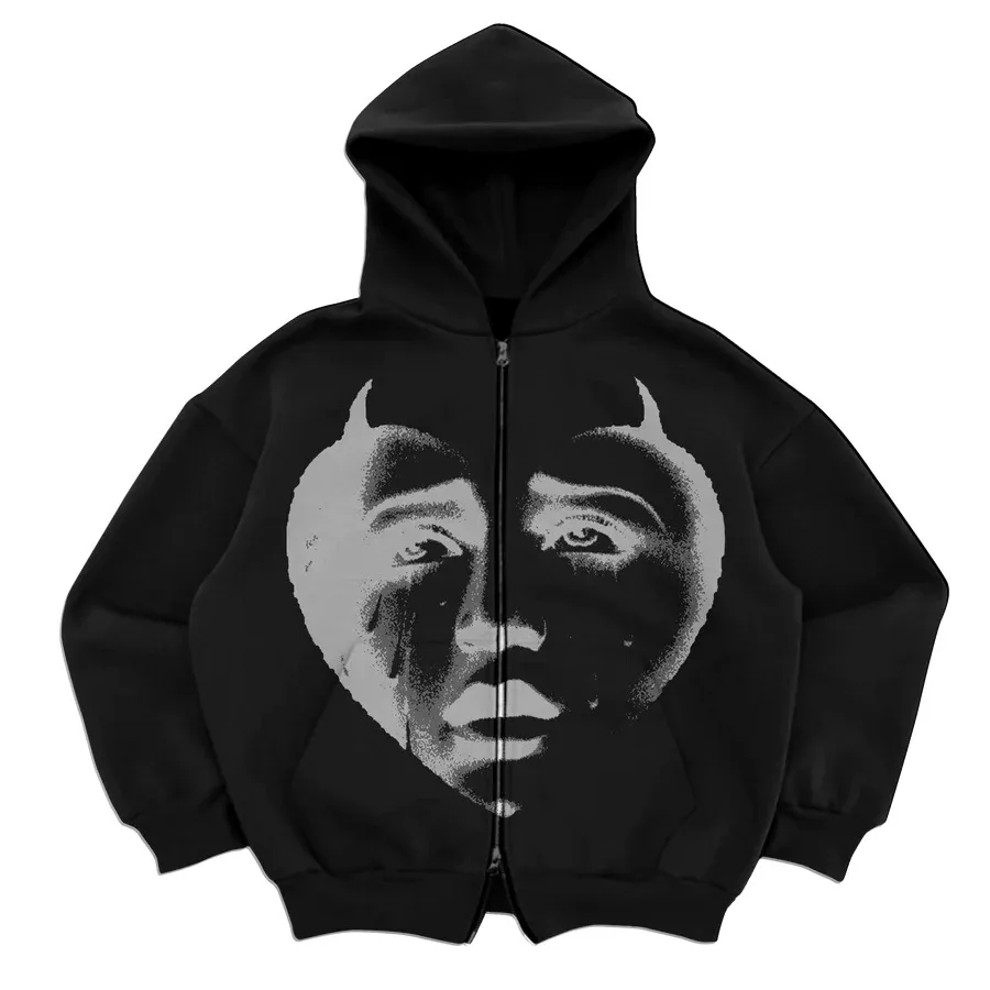 Men's Hoodies Y2K American Vintage Hoodie Men Winter 2024 Goth Haruku Alphabet Print Oversized Street Zipper Casual Loose_voghion.com