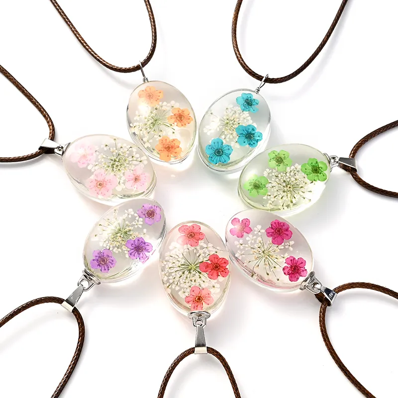 Chaînes Transparent Ovale Véritable Fleur Naturelle Séchée Verre Pendentif Chaîne En Cuir Collier Jonquilles Marguerite Blomoss Pétale_voghion.com