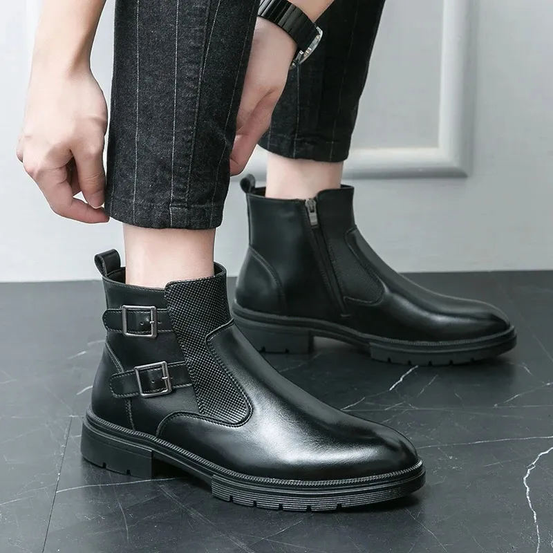Classic Leather Business Ankle Boots For Men With Double Buckle_voghion.com