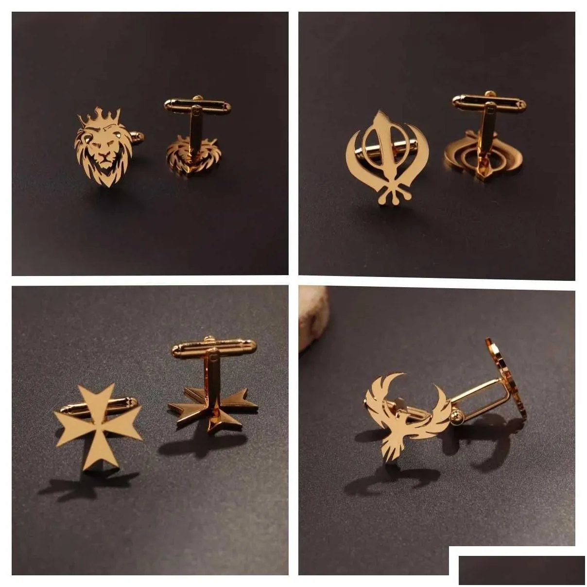 Gemelli da uomo in acciaio inossidabile con leone, aquila, croce, distintivo Sikh, spilla per camicia da sposa, consegna a domicilio Dhtzw_voghion.com