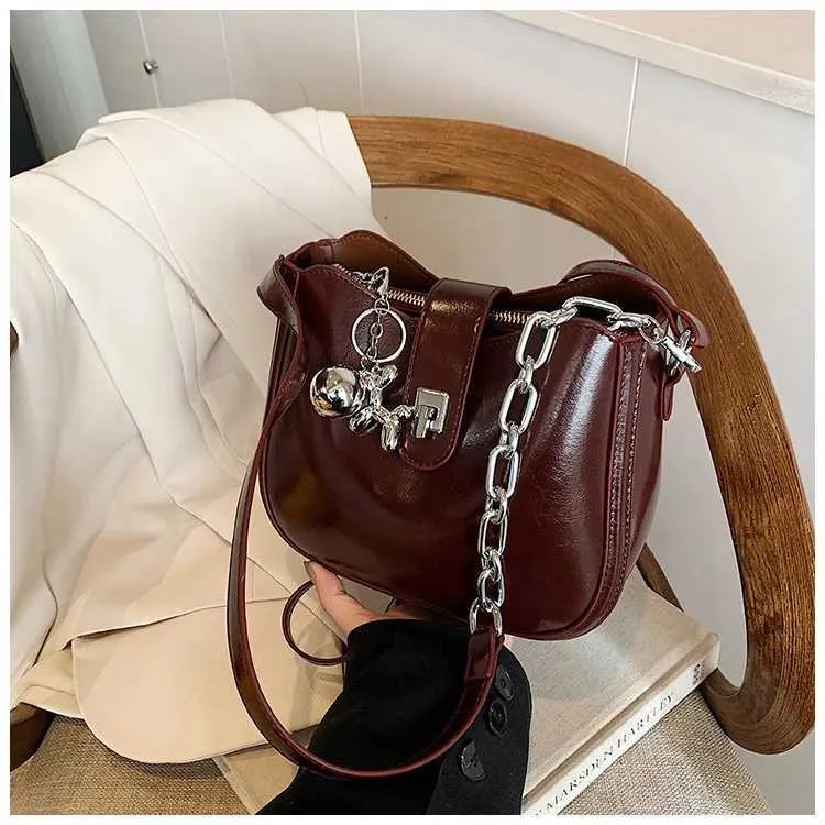 Borsa a secchiello Bury da donna, solida, alla moda, in pelle PU, con tracolla, versatile, per il tempo libero, con catena, semicerchio_voghion.com