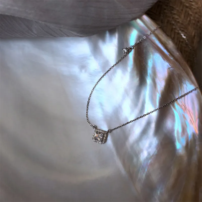 Collier avec pendentif en argent sterling et diamant carré pour femme, chaîne de clavicule simple et brillante, bijoux de mariage_voghion.com