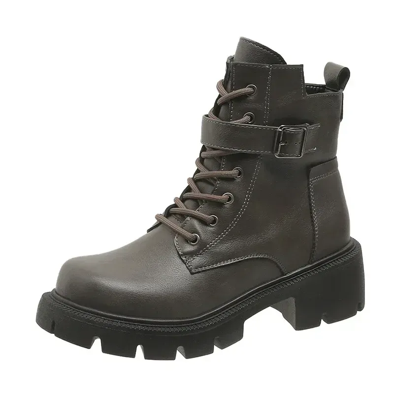 Botas cortas estilo británico para mujer, nuevas, de otoño/invierno, con cordones y cremallera, estilo motociclista, estilo retro, talla 43_voghion.com