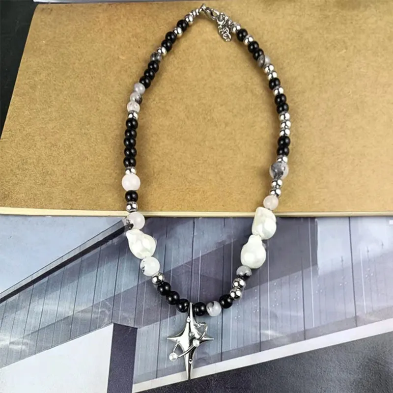 Ketten Frauen Mädchen Schwarz Weiß Perlen Halskette Barocke Perlenketten Stern Anhänger Choker Schmuck Geschenk Legierung Material für_voghion.com