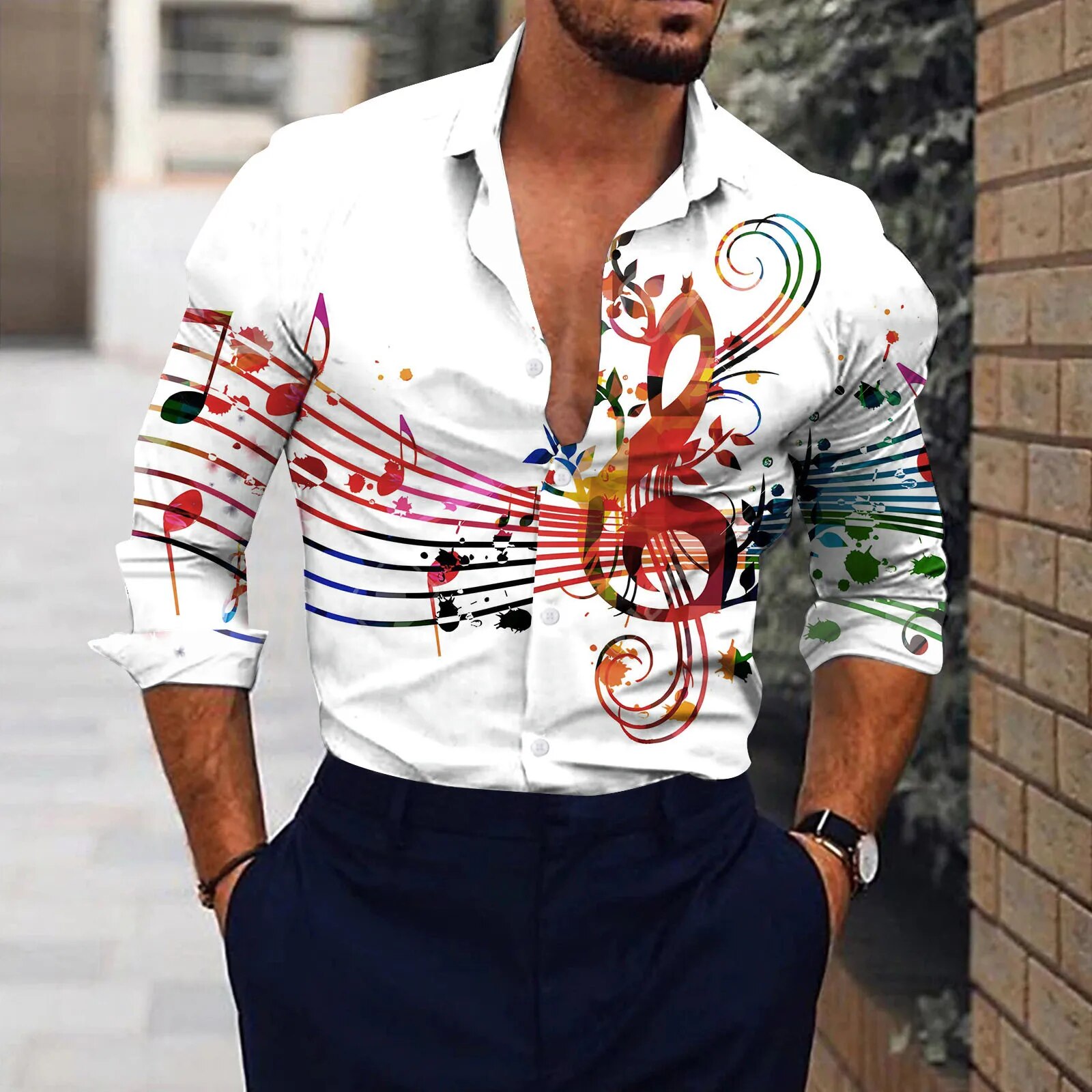 Men Music Note White Shirt Social Drs Streetwear Fashion Casual 3d Digital Print Lightweight Breathable Long Sleeve_voghion.com