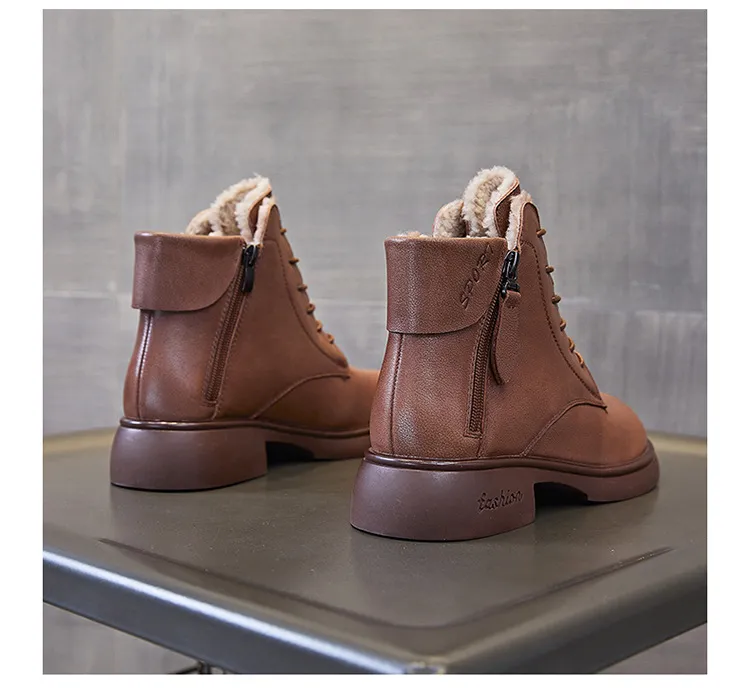 Genuine Leather Round Toe Motorcycle Plush Insulation and Thick Soled Short Boots with British Style Versatility_voghion.com