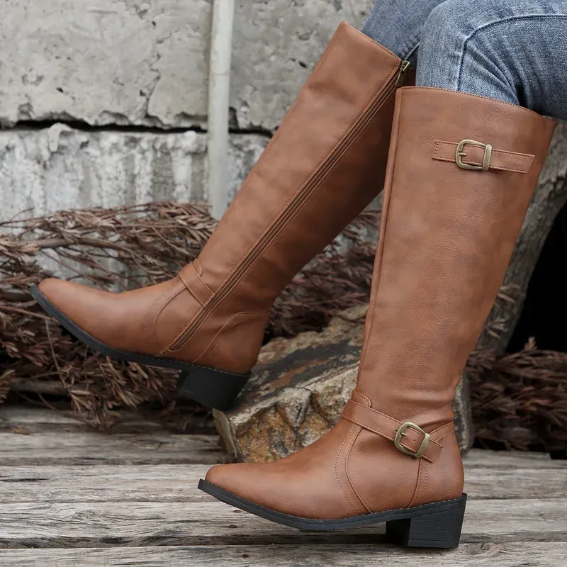 Boots Women Knee High Fashion Low Heels Square Platform Long Brown Black Leather Zip Winter Warm Shoes Booties_voghion.com