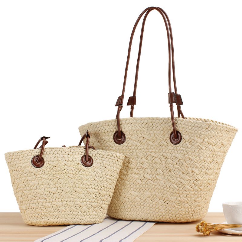 Modische einfache einfarbige Papiertasche im Retro-Stil mit Kontrastfarbe und großem Fassungsvermögen für den Urlaub,_voghion.com