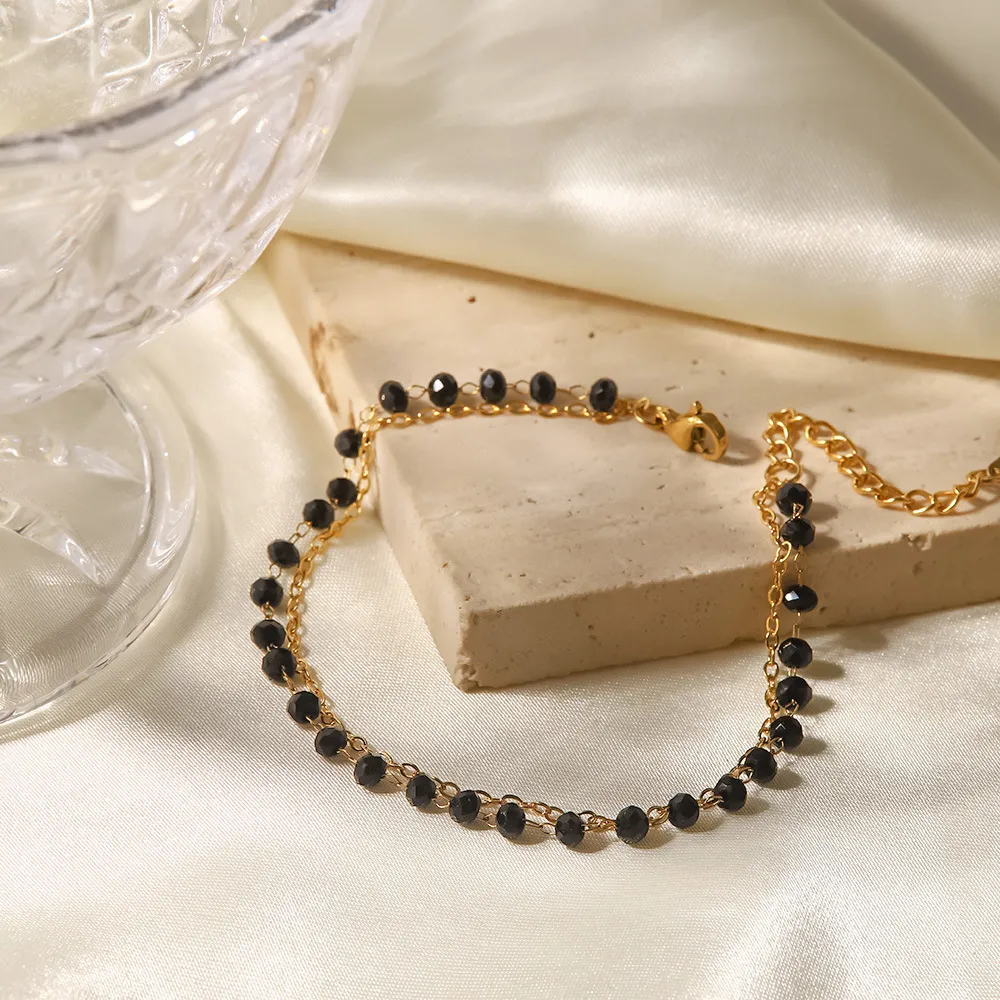 Catene Bohemia Mini Piccola Collana a strati con perline nere per donna Acciaio inossidabile Catena sottile Collare Choker Chic_voghion.com