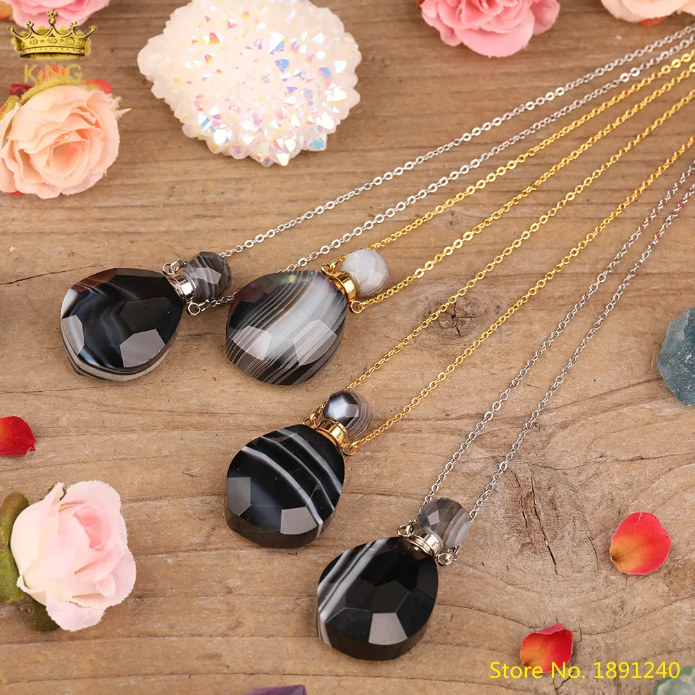 Collares colgantes con piedra de ágata negra natural facetada, botella de perfume para mujer, collar difusor de aceite esencial de ónix dorado_voghion.com