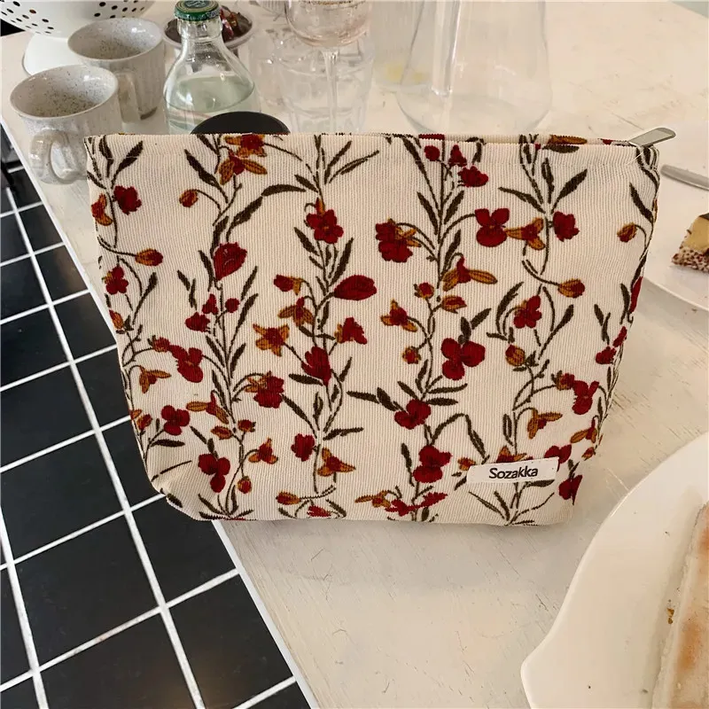 Trousse de toilette en toile imprimée rétro tendance, grande capacité, pour femmes, trousse de voyage pour cosmétiques, sacs de rangement pour maquillage 240815_voghion.com