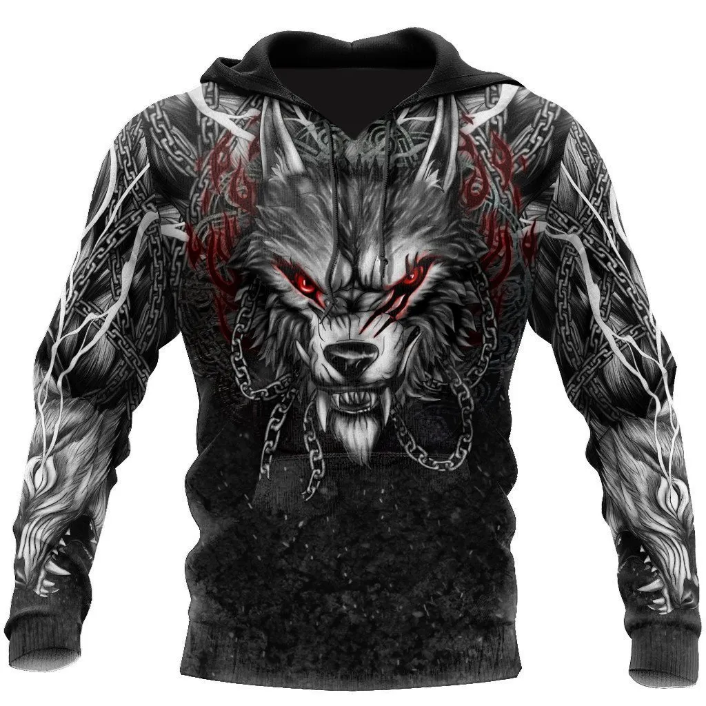 büyük boy Dövme İskelet Haç Terör Kırmızı 3D Baskılı Erkek Kapşonlu Sweatshirt Rahat Tracuits Raven Bad Wolnimal_voghion.com