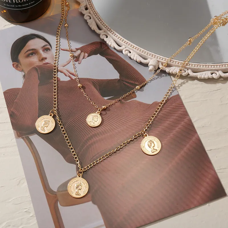 Colliers pendentifs pour femmes, double couche, chaîne de clavicule, simplicité, géométrique, multi-relief, portrait, pièce de monnaie pour femmes_voghion.com