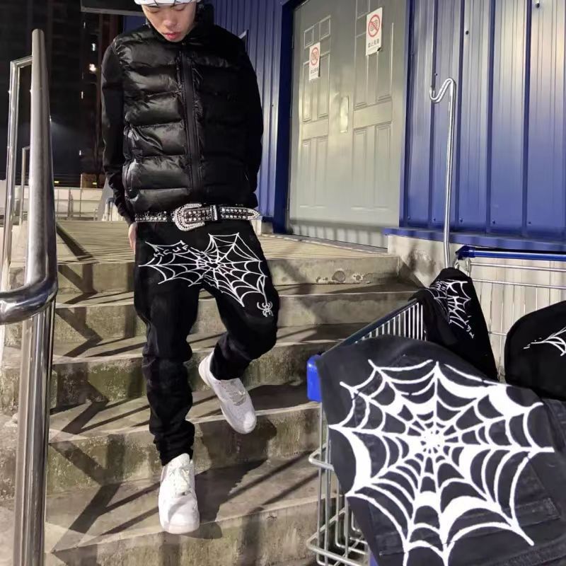 Grenzüberschreitende beliebte europäische und amerikanische Hip-Hop-Trendmarke mit Spinnennetz-Print, Jeans für Herren,_voghion.com