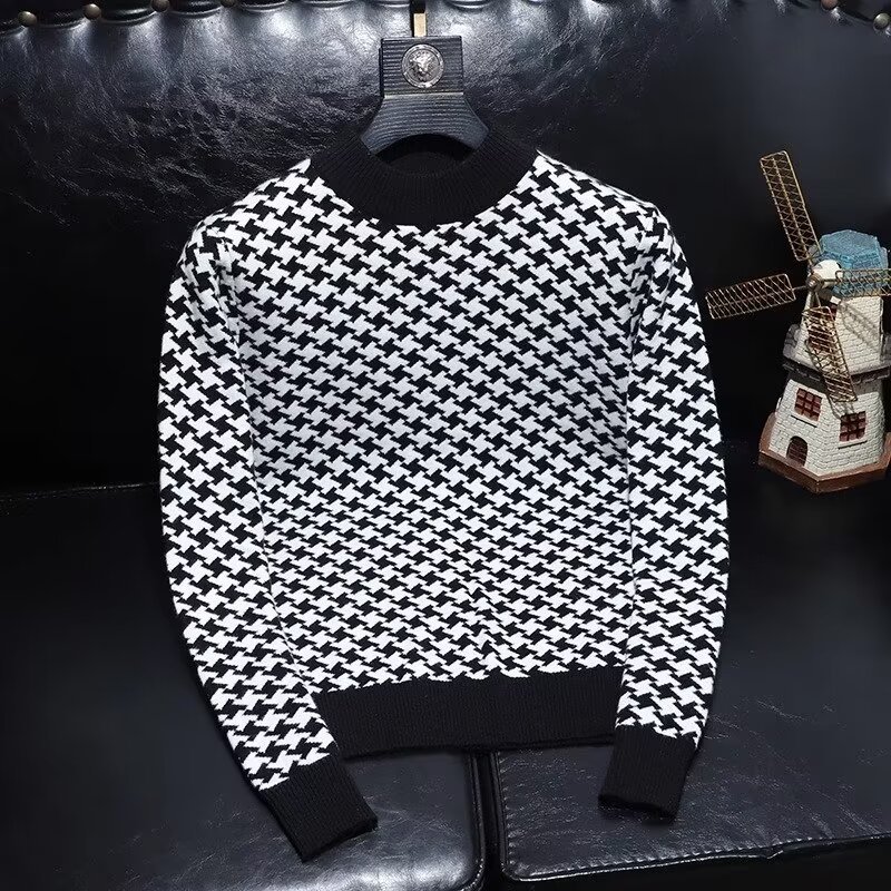 Sweater men's 2024 autumn and winter New slim fit fashion houndstooth sweater casual warm bottoming shirt men's long sleeve
