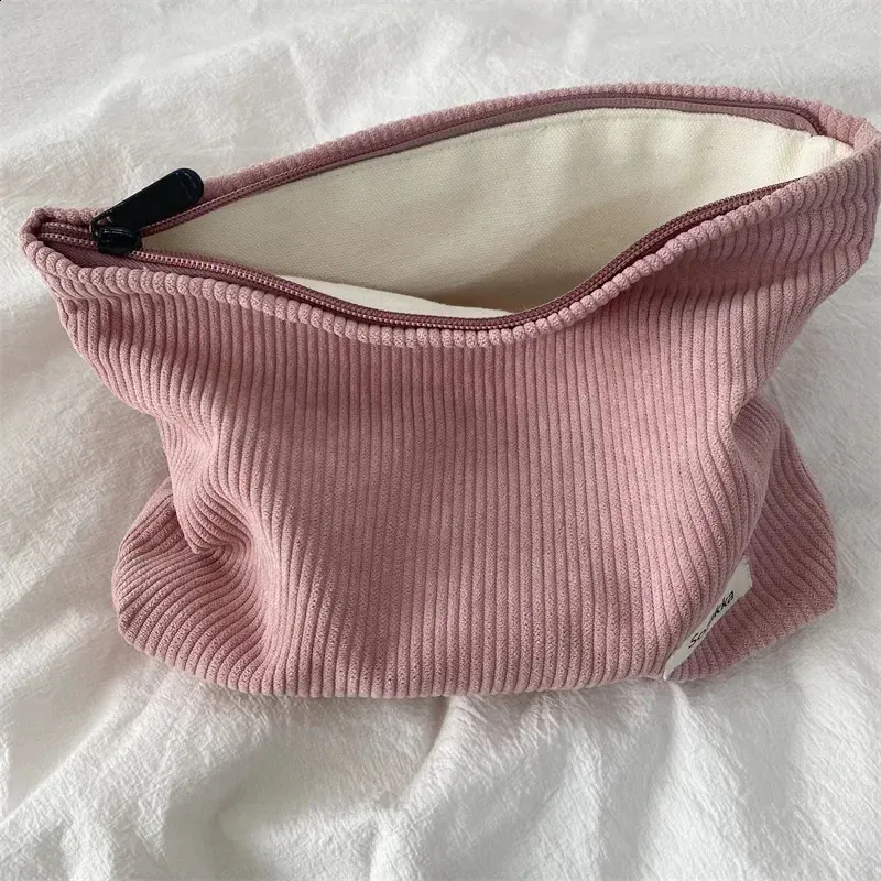 Pochette de maquillage en velours côtelé pour femme, grande trousse de voyage à main, organisateur de rouge à lèvres, étui à fermeture éclair, pochette pour téléphone_voghion.com