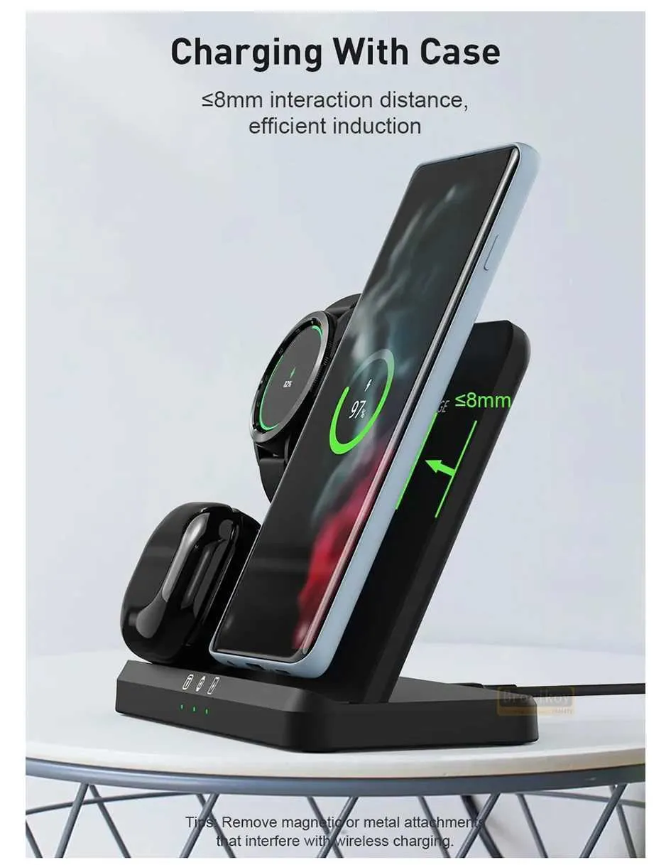 15W 3-in-1 Station Suitable For S23 S22 IPhone 15 14 13 Galaxy Watch 4 3 Earphones 2 Fast Wireless Charger Y241118_voghion.com