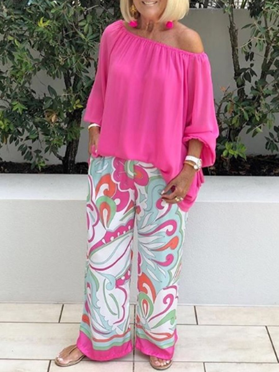 Women's Printed Trouser Suit Off Shoulder Casual Matching Set_voghion.com