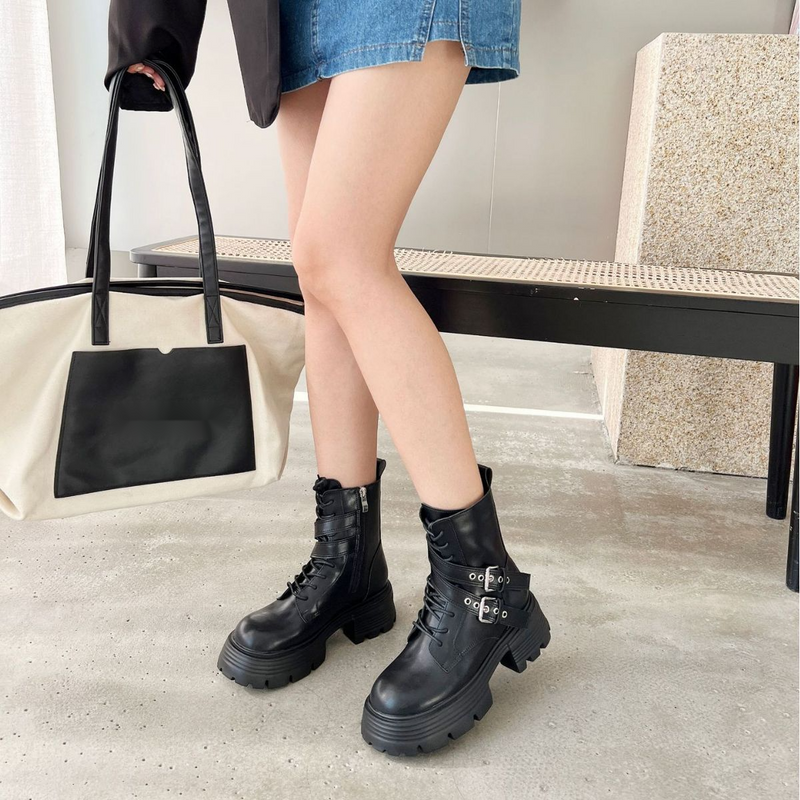 2023 Autumn and Winter New Thick Sole Coarse Heel Knight Mid length Black Small British Martin Short Boots Female_voghion.com