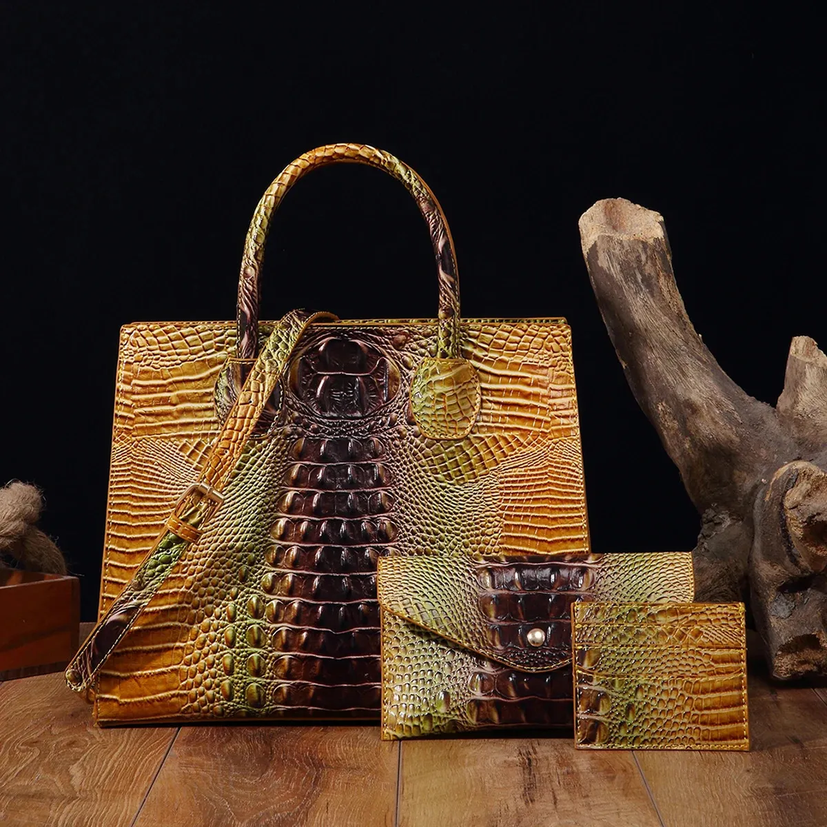 3-teiliges Muster-Handtaschen-Geldbörsen-Set, multifunktionaler Vintage-Umhängetaschen-Business-Clutch-Tasche mit Kartenhalter, Coi 240924_voghion.com
