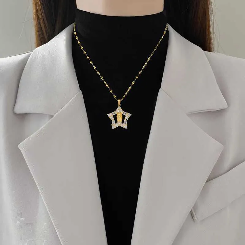 Obesek za ogrlice Modna Devica Marija Pentagram Svetloba Razkošna Temperament Čudovita Polna Diamantna Ogrlica Ženske_voghion.com