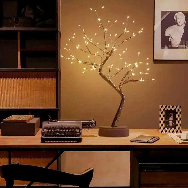 Eco Art Bonsai Night Light - Copper Wire Touch Christmas Decor_voghion.com