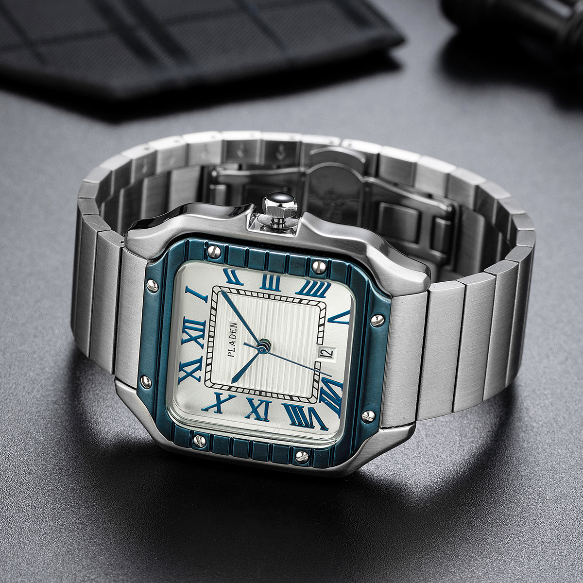 PLADEN brand is fashionable, classic, high-quality square calendar stainless steel men's quartz watch for business_voghion.com