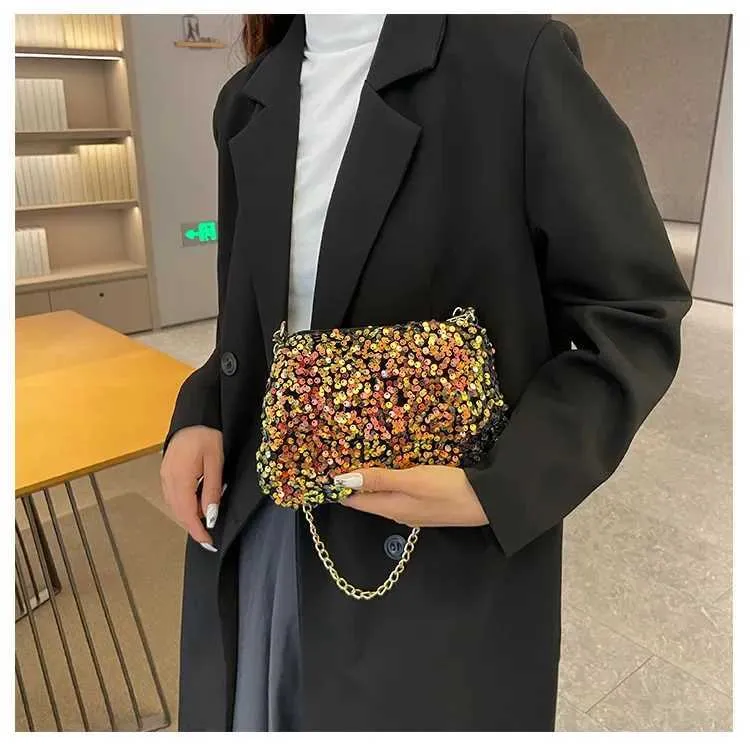 Sac à bandoulière à chaîne simple INS couleur unie paillettes sac à bandoulière portefeuille mobile sac à main de nuit Y241019_voghion.com