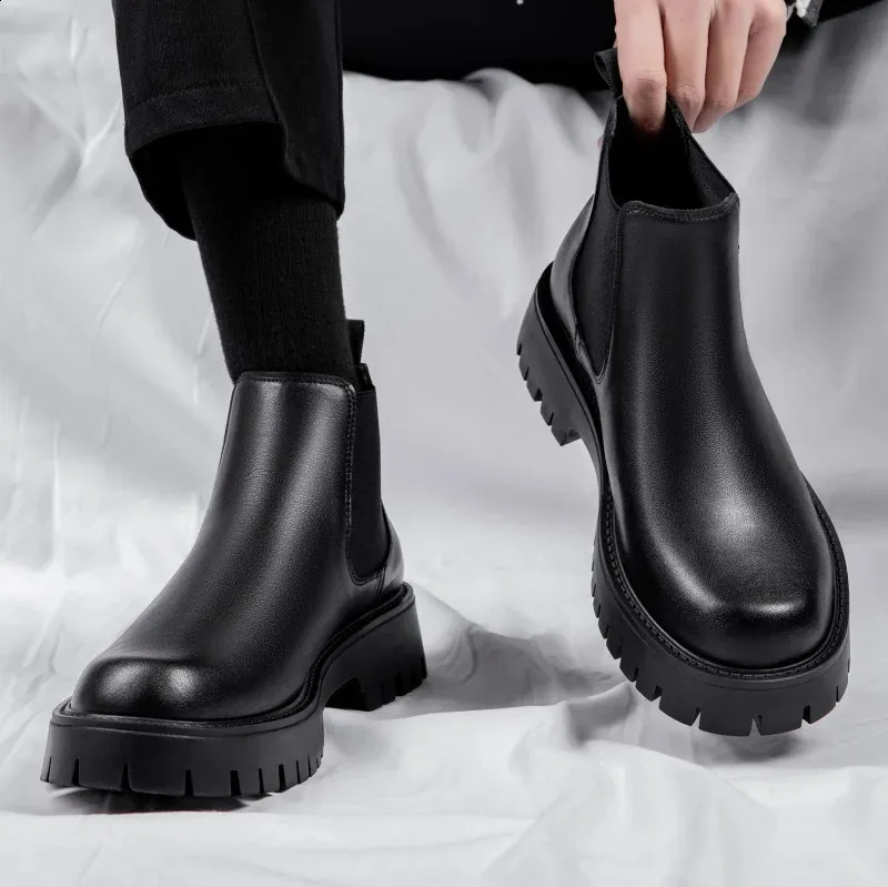 Scarpe da lavoro impermeabili con suola spessa da uomo in stile britannico, moda casual, classiche, in pelle, comode, con punta tonda e punta alta_voghion.com