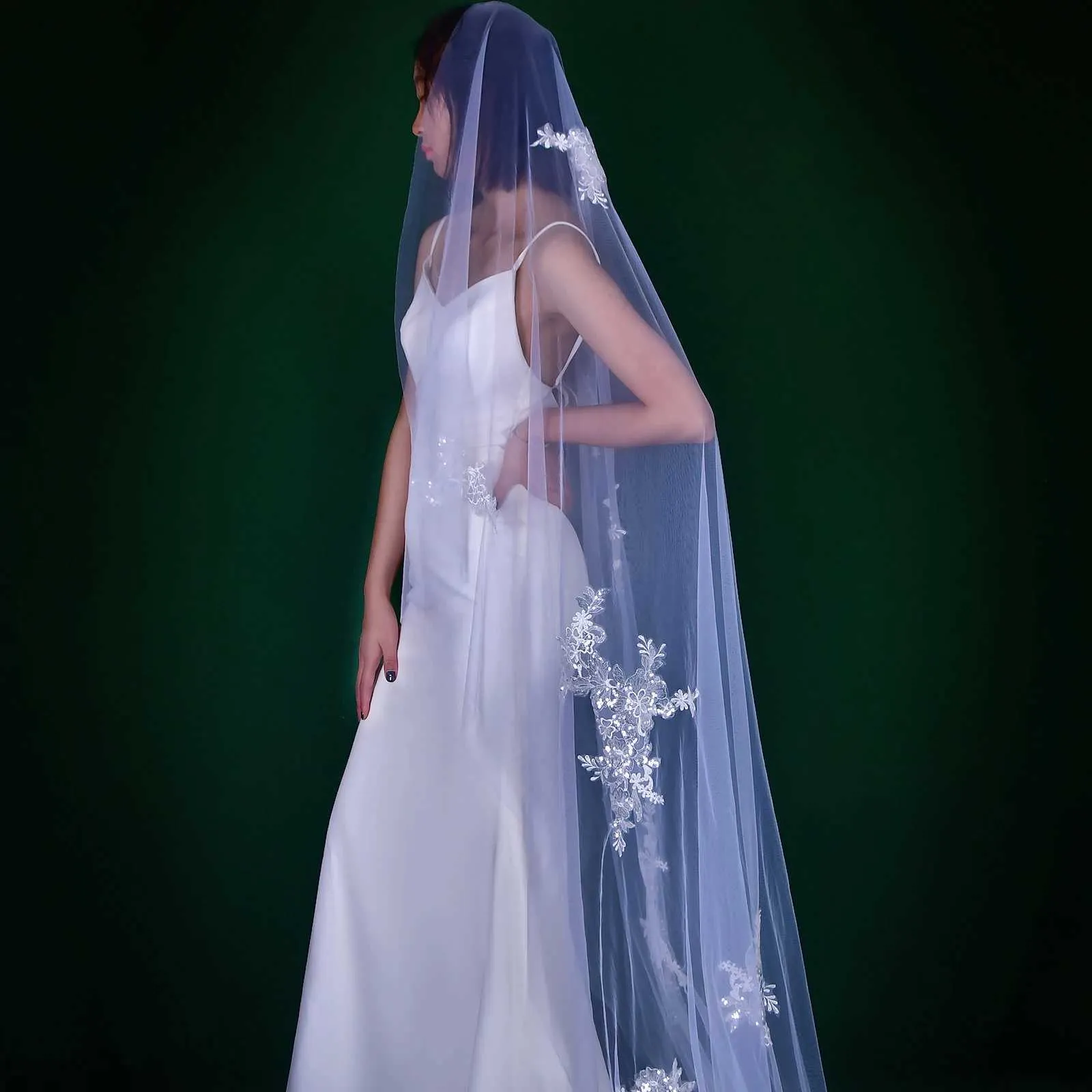 Gioielli per capelli MZA53 Velo lungo da cattedrale Applicazioni in pizzo Veli da sposa Bordo tagliato 1 livello Morbido tulle Accessori per abiti da sposa_voghion.com