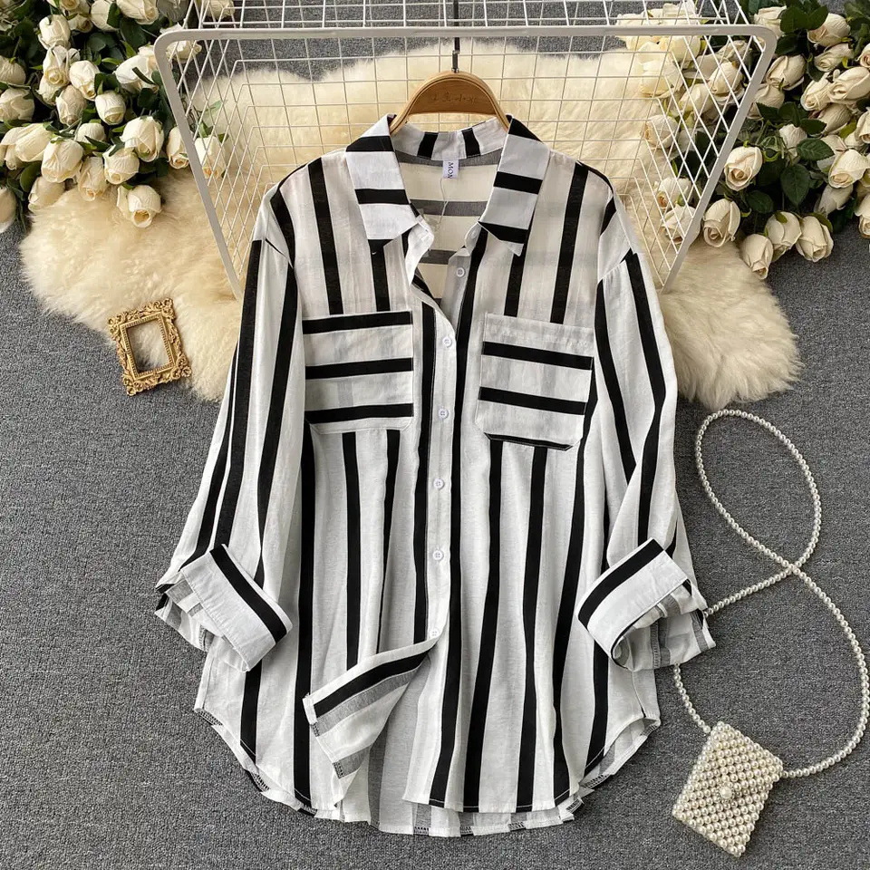 Women's Korean Style Casual Loose Top Summer Spring Autumn New Mid-Length Vertical Stripe Multicolor Shirt Jacket _voghion.com