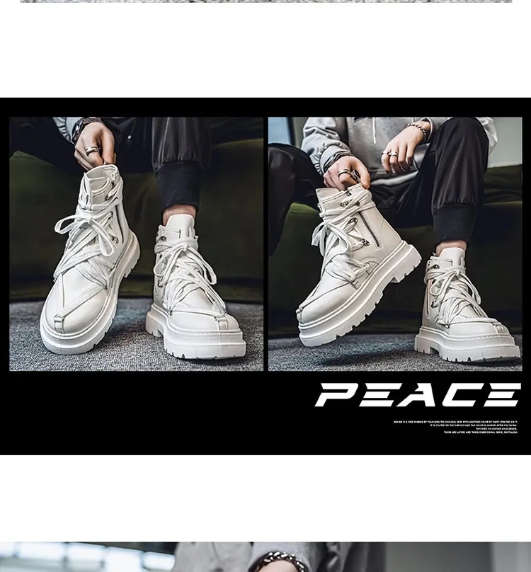 Bottines courtes en cuir à plateforme pour homme, chaussures de moto noires à la mode, style streetwear, 250114_voghion.com