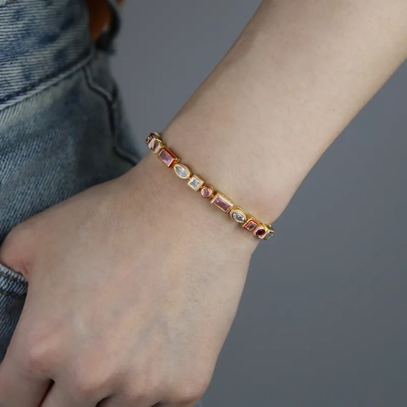 Catene arcobaleno geometrico varie forme zirconia cubica tennis catena girocollo collana castone smalto moda donna_voghion.com