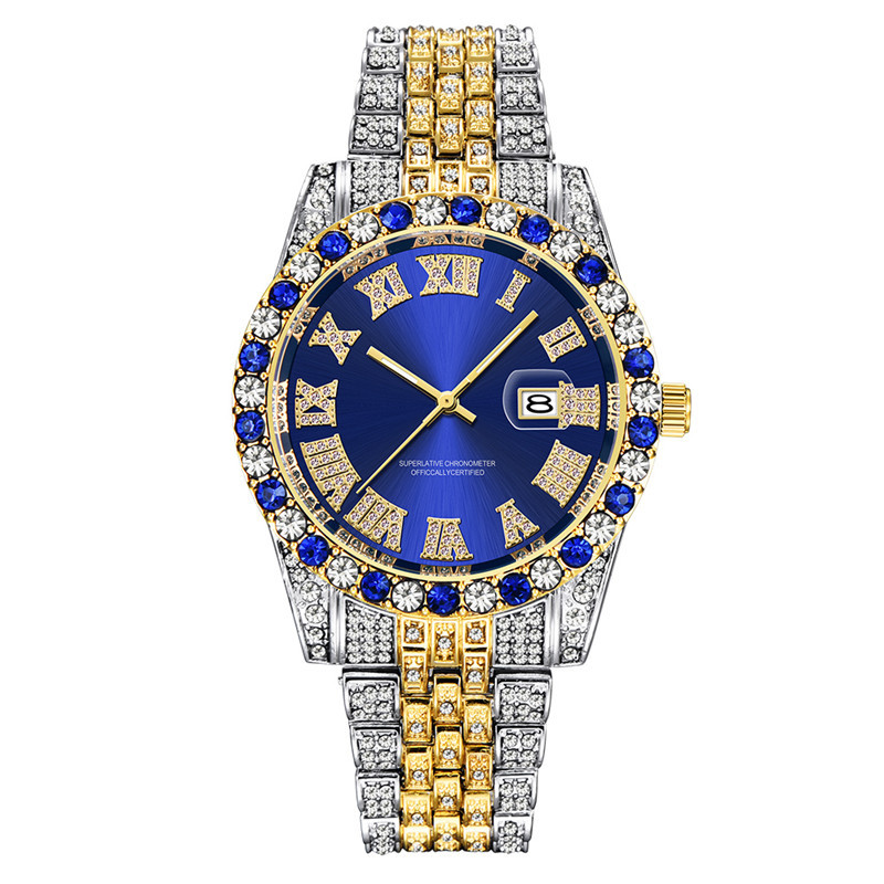 Hip hop Men Brand Full Diamond Alloy Band Date Watch_voghion.com