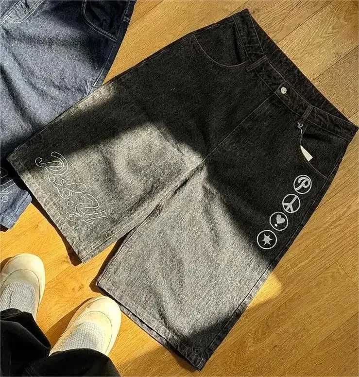 Haruku Y2k Hip-hop Retro Bol Jorts Sokak Giyim Yaz Punk Rock Mektup Nakış Moda Kot Şort Erkek Giyim 241202_voghion.com
