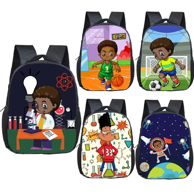 Borse da scuola per bambini con stampa africana americana di cartoni animati Borsa da bambino piccola per bambini con zaino per scuola materna marrone afro scientifico_voghion.com