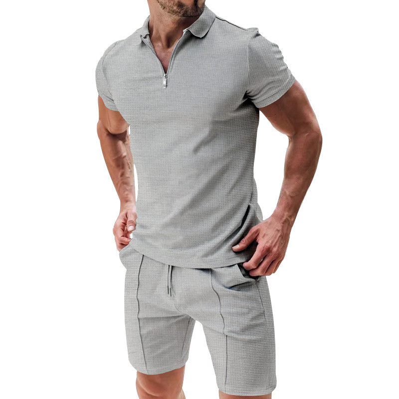 Herren Polo Shirt Set Kurzarm Sommer Freizeit Outfit Waffeloptik_voghion.com