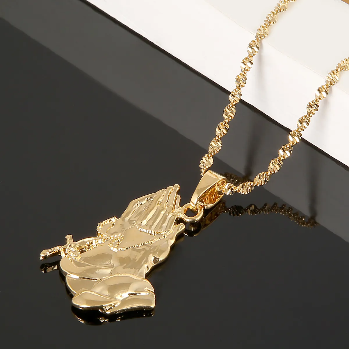 Chaînes en acier inoxydable Pendentifs mains en prière Colliers Hip Hop Croix Chaîne Bijoux_voghion.com
