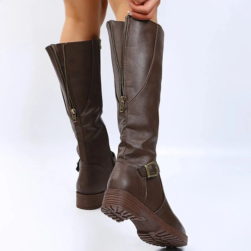 Retro Brown Knee High Large-sized Low Platform Long Autumn Pu Leather Zipper Womens Warm Boots 240911_voghion.com